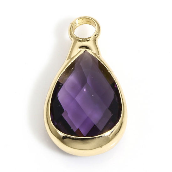 Image de 5 Pcs Breloques Pierres de Naissance en Laiton+Verre Doré Violet Goutte d'Eau A Facettes 14mm x 8mm