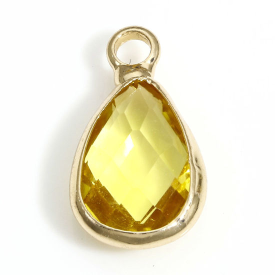Image de 5 Pcs Breloques Pierres de Naissance en Laiton+Verre Doré Jaune Goutte d'Eau A Facettes 14mm x 8mm
