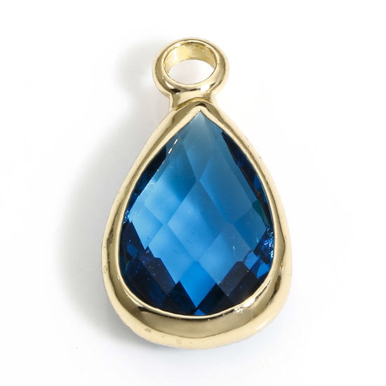 Image de 5 Pcs Breloques Pierres de Naissance en Laiton+Verre Doré Bleu Paon Goutte d'Eau A Facettes 14mm x 8mm