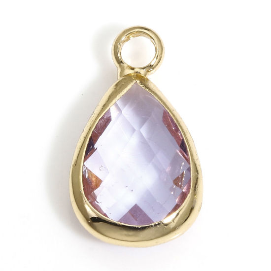 Image de 5 Pcs Breloques Pierres de Naissance en Laiton+Verre Doré Mauve Goutte d'Eau A Facettes 14mm x 8mm