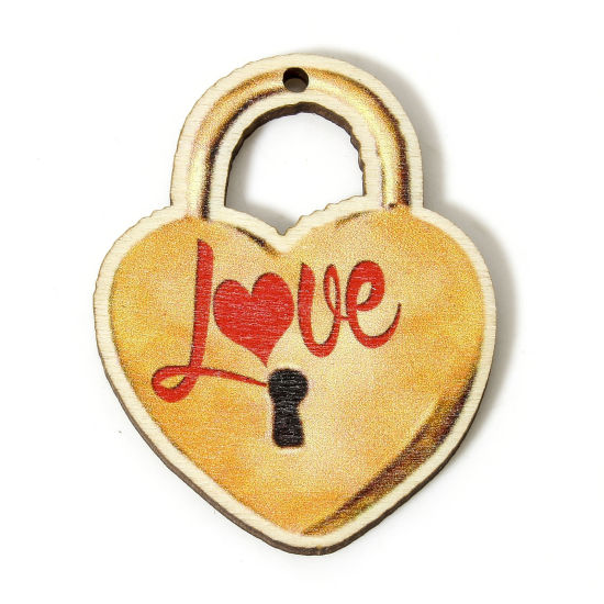 Image de 10 Pcs Pendentifs La Saint Valentin en Bois Naturel Orange Serrure Message" LOVE " 4.5cm x 3.5cm