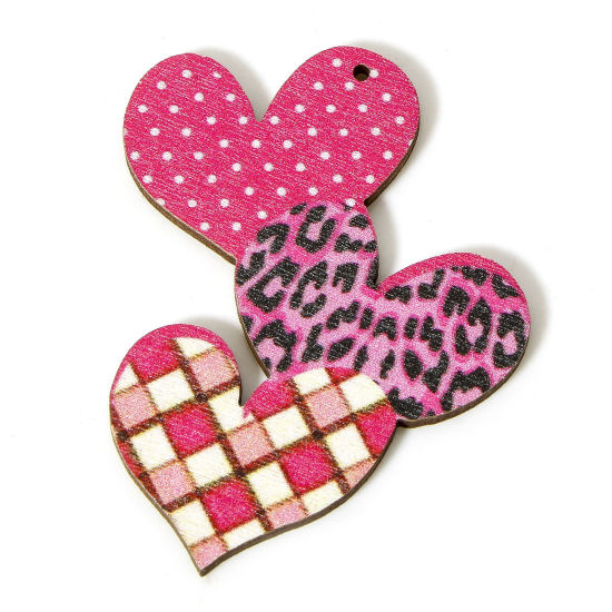 Image de 10 Pcs Pendentifs La Saint Valentin en Bois Naturel Fuchsia Cœur Léopard 4.9cm x 4cm