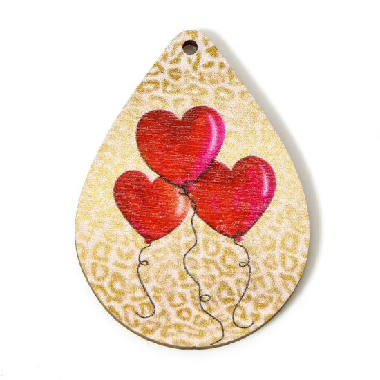 Image de 10 Pcs Pendentifs La Saint Valentin en Bois Naturel Rouge Goutte d'Eau Ballon 5cm x 3.6cm