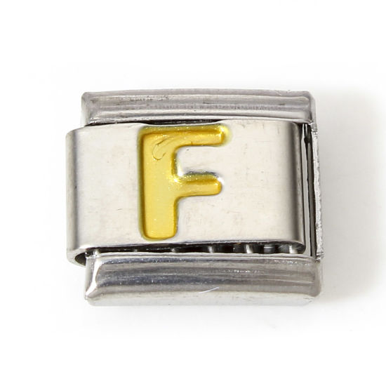 Image de 1 Pièce Bracelet à Maillons Breloques Italiens Accessories de Fabrication de Bracelets Bijoux DIY en 304 Acier Inoxydable Argent Mat Or Rectangle Alphabet Initial/ Lettre Majuscule Mots " F " Émail 10mm x 9mm