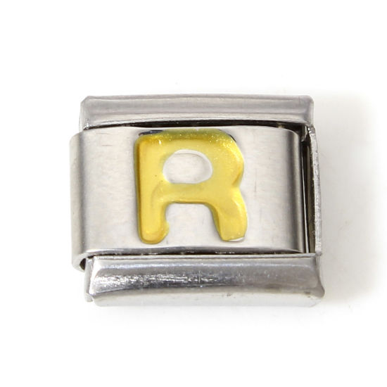 Image de 1 Pièce Bracelet à Maillons Breloques Italiens Accessories de Fabrication de Bracelets Bijoux DIY en 304 Acier Inoxydable Argent Mat Or Rectangle Alphabet Initial/ Lettre Majuscule Mots " R " Émail 10mm x 9mm