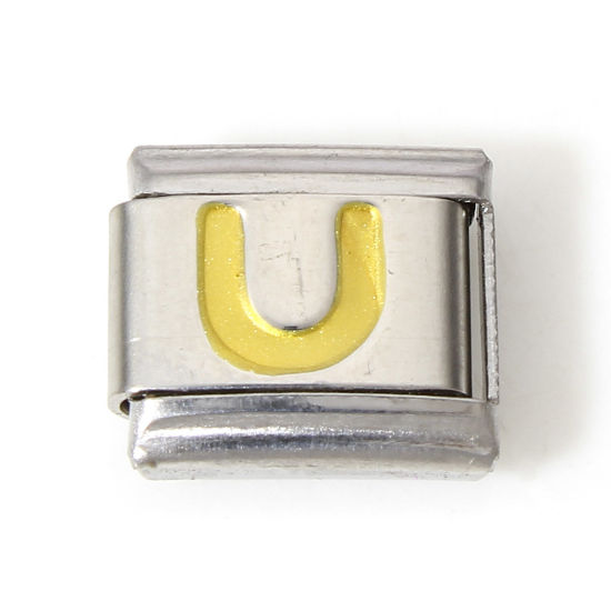 Image de 1 Pièce Bracelet à Maillons Breloques Italiens Accessories de Fabrication de Bracelets Bijoux DIY en 304 Acier Inoxydable Argent Mat Or Rectangle Alphabet Initial/ Lettre Majuscule Mots " U " Émail 10mm x 9mm