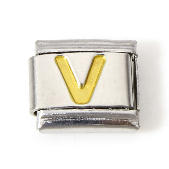Image de 1 Pièce Bracelet à Maillons Breloques Italiens Accessories de Fabrication de Bracelets Bijoux DIY en 304 Acier Inoxydable Argent Mat Or Rectangle Alphabet Initial/ Lettre Majuscule Mots " V " Émail 10mm x 9mm
