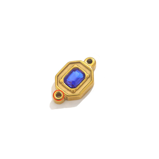 Imagen de 1 Unidad Enchapado al Vacío Ecológico 304 Acero Inoxidable Conectores Dijes Colgantes Rectángulo Color Oro de 18K Azul Marino Rhinestone 24mm x 13.5mm