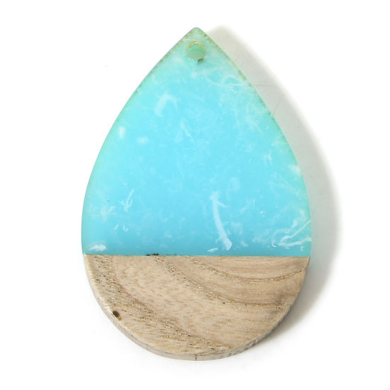 Image de 2 Pcs Pendentifs Résine à Effet de Bois Naturel Bleu Lac Goutte d'Eau 3.7cm x 2.5cm
