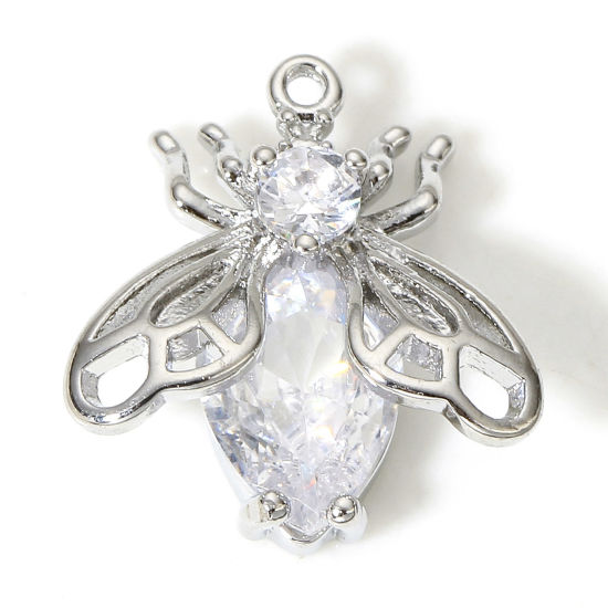 Image de 1 Pièce Breloques Insecte en Laiton Abeille Plaqué Platine Véritable à Zircone Cubique Clair 15mm x 14mm