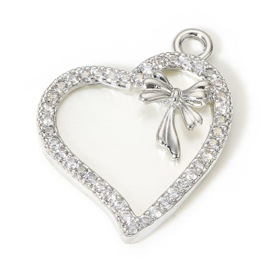 Image de 1 Pièce Breloques La Saint Valentin en Coquille Naturelle & Cuivre Cœur Plaqué Platine Véritable Nœuds Papillons Micro Pave à Zircone Cubique Clair 19mm x 16mm