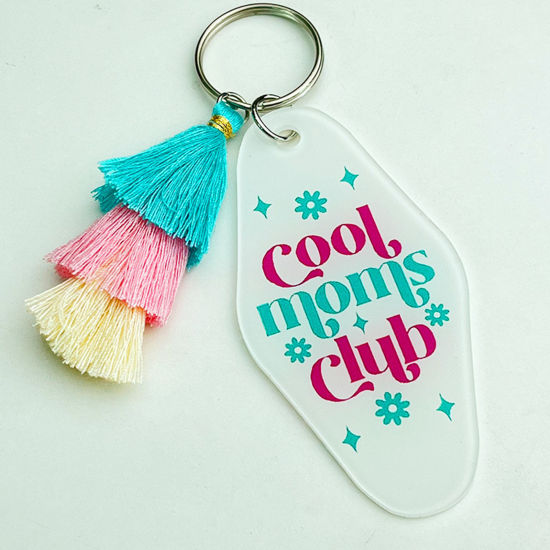 Image de 1 Pièce Porte-Clés Fête des Mères en Acrylique Blanc Franges Pompons Glands Ovale 10.5cm