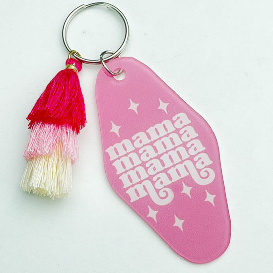 Image de 1 Pièce Porte-Clés Fête des Mères en Acrylique Rose Pêche Franges Pompons Glands Ovale 10.5cm
