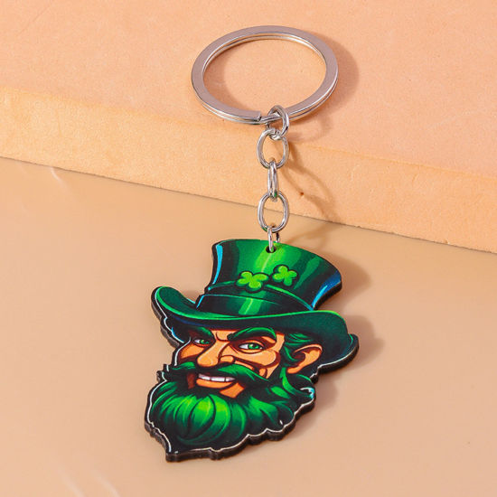 Image de 1 Pièce Porte-Clés Fête de la St Patrick en Bois Naturel Argent Mat Garçon Moustache 10cm