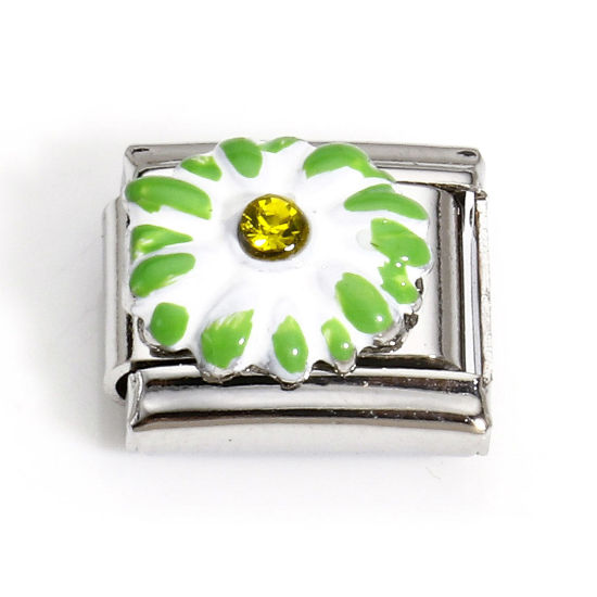Image de 1 Pièce Bracelet à Maillons Breloques Italiens Accessories de Fabrication de Bracelets Bijoux DIY en 304 Acier Inoxydable Argent Mat Vert Rectangle Motif Sculpté à Strass Jaune 10mm x 9mm