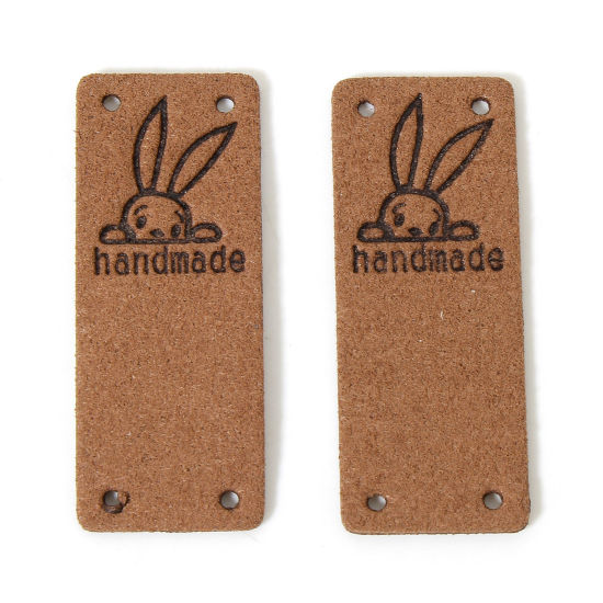 10 個 ポリウレタン 復活日 イースター 衣料用ラベル タグ 長方形 コーヒー色 ウサギ 「Hand Made」 5cm x 2cm の画像