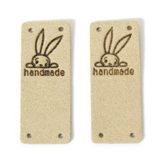 10 個 ポリウレタン 復活日 イースター 衣料用ラベル タグ 長方形 カーキ色 ウサギ 「Hand Made」 5cm x 2cm の画像