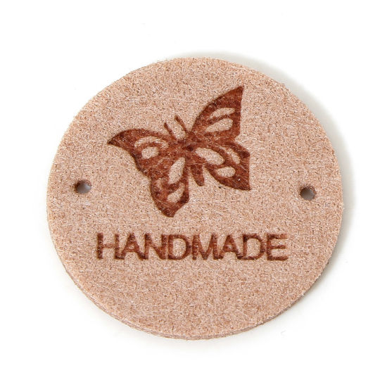 20 個 ポリウレタン 衣料用ラベル タグ 円形 ピーチベージュ 蝶 「Hand Made」 25mm の画像