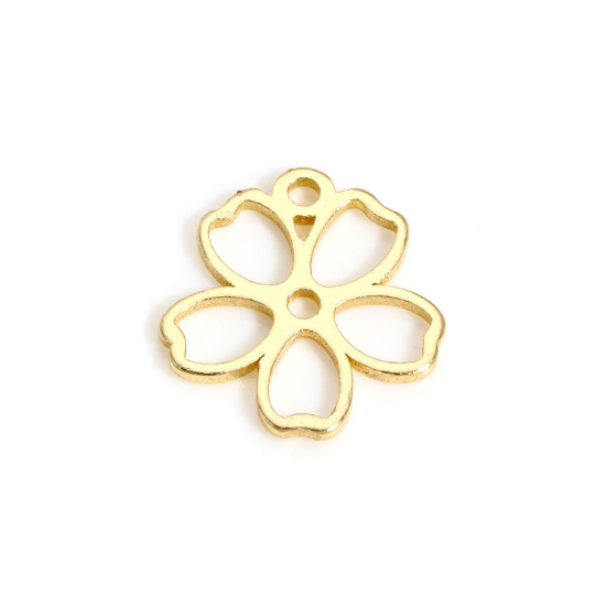 Picture of 5 PCs Brass Charms 14K Real Gold Plated Sakura Flower Hollow 10mm x 10mm