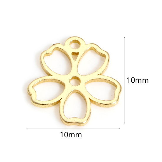Picture of 5 PCs Brass Charms 14K Real Gold Plated Sakura Flower Hollow 10mm x 10mm