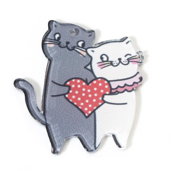 10 個 アクリル バレンタインデー ペンダント 猫 ハート 多色 4cm x 3.7cm の画像
