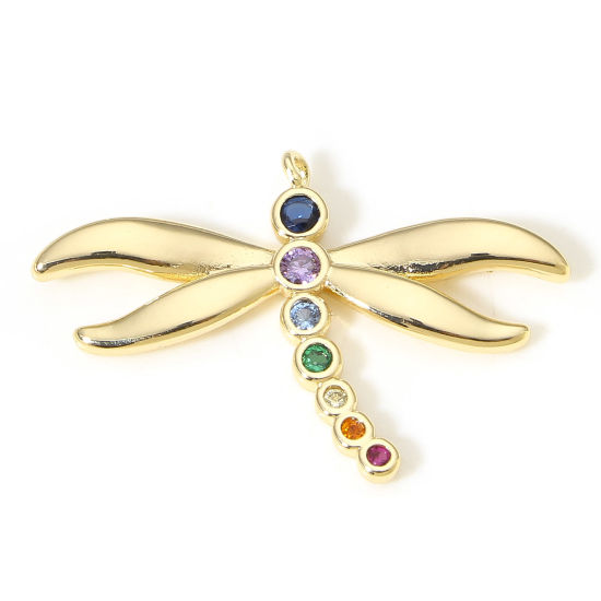 Image de 1 Pièce Breloques Insecte en Laiton Libellule Plaqué Or Véritable 18K Micro Pave à Zircone Cubique Multicolore 3.1cm x 2.1cm