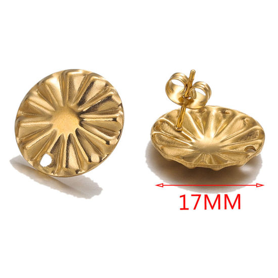 10 個 304ステンレス鋼 イヤポストスタッドピアス ループコネクター付きアクセサリー 18Kゴールドメッキ エンボス加工 イヤリング用カバー付き 17mm直径 ワイヤーサイズ： （20号） の画像