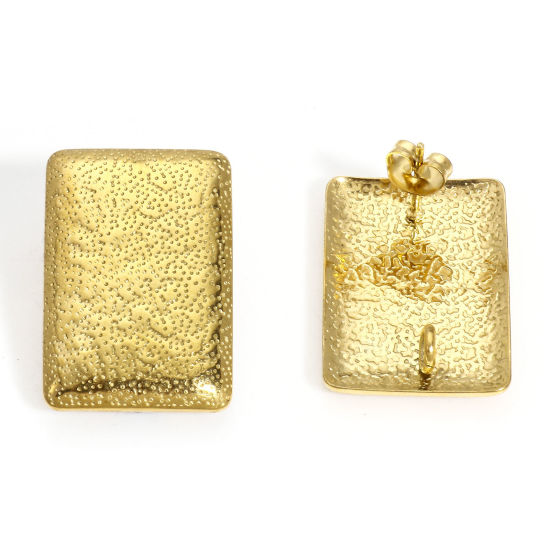 Picture of 10 PCs 304 Stainless Steel Ear Post Stud Earring With Loop Connector Accessories Rectangle 18K Gold Plated Texture With Stoppers 25mm x 17mm, Post/ Wire Size: (20 gauge)