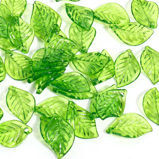 100 個 アクリル チャーム 葉 緑 透明 17mm x 11mm の画像