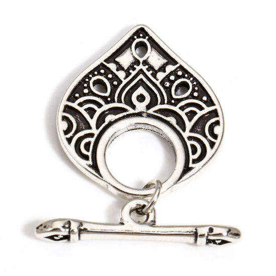 Image de 1 Kit Fermoir Toggle en Laiton Forme Fleur Argent Vieilli Motif Sculpté Gravé 24x20mm 24x6mm