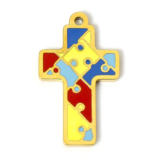 Bild von 1 Stück Vakuumbeschichtung 304 Edelstahl Charms Kreuz 18K Gold plattiert Puzzle 25mm x 15mm