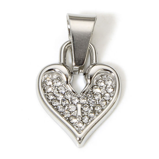 Immagine di 1 Pz 304 Acciaio Inossidabile Ciondoli Pendenti Cuore Tono Argento Trasparente Strass 27mm x 14mm