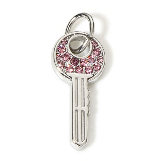Immagine di 1 Pz 304 Acciaio Inossidabile Charms Chiave Tono Argento Roso Strass 27mm x 10mm
