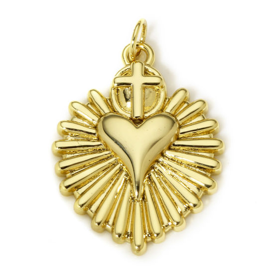 Image de 1 Pièce Breloques Religieux en Laiton Coeur de Ex-Voto Plaqué Or Véritable 18K Croix 28mm x 19mm