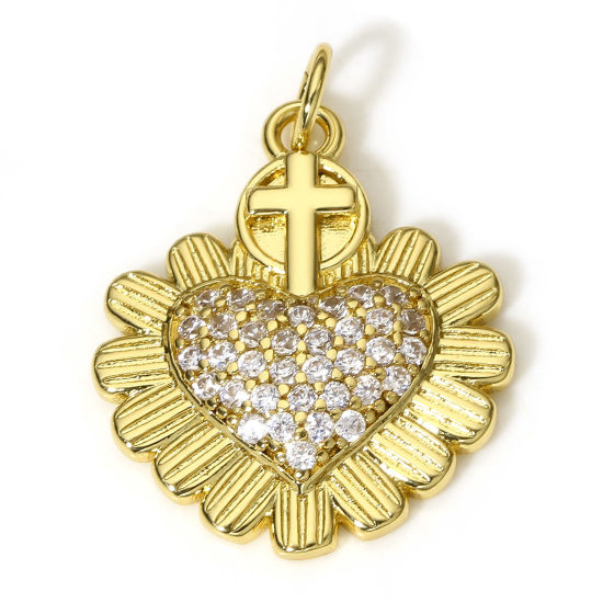 Image de 1 Pièce Breloques Religieux en Laiton Coeur de Ex-Voto Plaqué Or Véritable 18K Croix Micro Pave à Zircone Cubique Clair 24mm x 18mm
