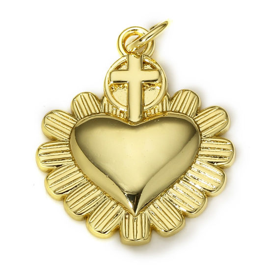 Image de 1 Pièce Breloques Religieux en Laiton Coeur de Ex-Voto Plaqué Or Véritable 18K Croix 25mm x 18mm