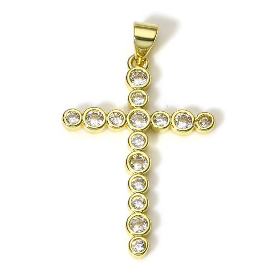 Image de 1 Pièce Breloques Religieux en Laiton Croix Plaqué Or Véritable 18K à Zircone Cubique Clair 3.5cm x 2.2cm