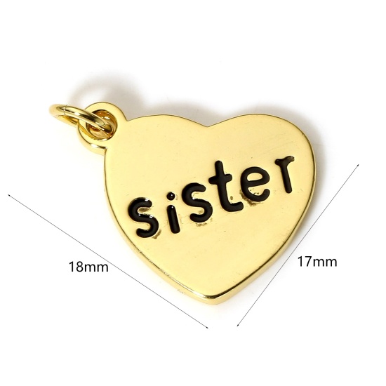 Picture of 1 Piece Brass Family Jewelry Charms 18K Real Gold Plated Black Heart Message " Sister " Enamel 18mm x 17mm