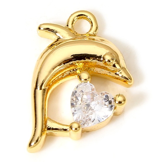 Image de 2 Pcs Breloques Bijoux d'Océan en Laiton Dauphin Plaqué Or 18K à Zircone Cubique Clair 14mm x 9mm
