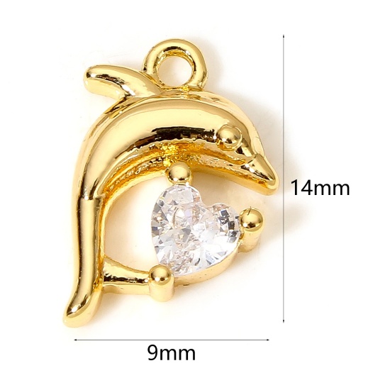 Image de 2 Pcs Breloques Bijoux d'Océan en Laiton Dauphin Plaqué Or 18K à Zircone Cubique Clair 14mm x 9mm