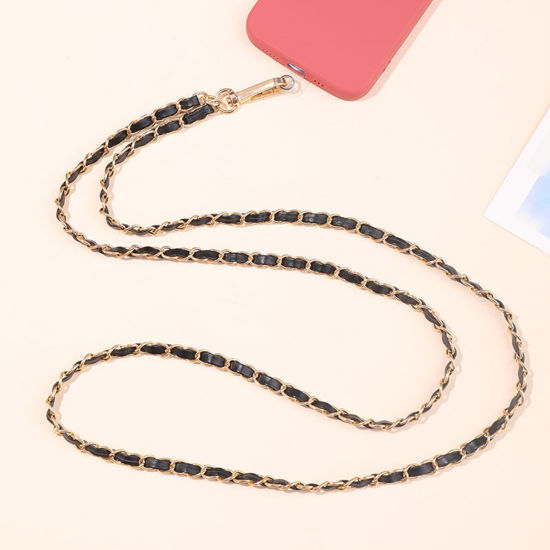 Image de 1 PCs PU Curb Link Chain Cell Phone Lanyards Strap Black & Gold 125cm long