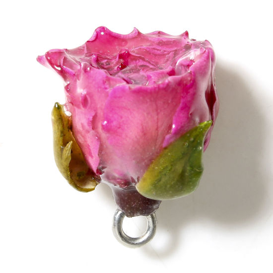 Image de 1 Pièce Breloques Bijoux en Résine Faits à la Main Fleur Séchée Feuilles de Fleur 3D Argent Fuchsia 20mm x 16mm