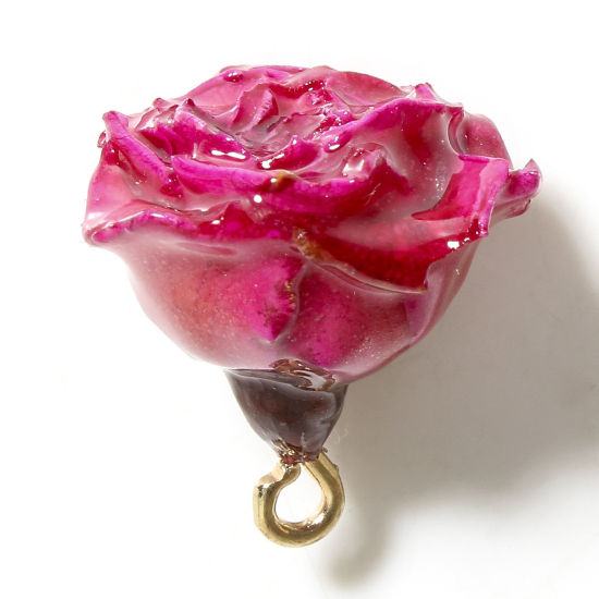 Image de 1 Pièce Breloques Bijoux en Résine Faits à la Main Fleur Séchée Fleur 3D Or Fuchsia 20mm x 16mm