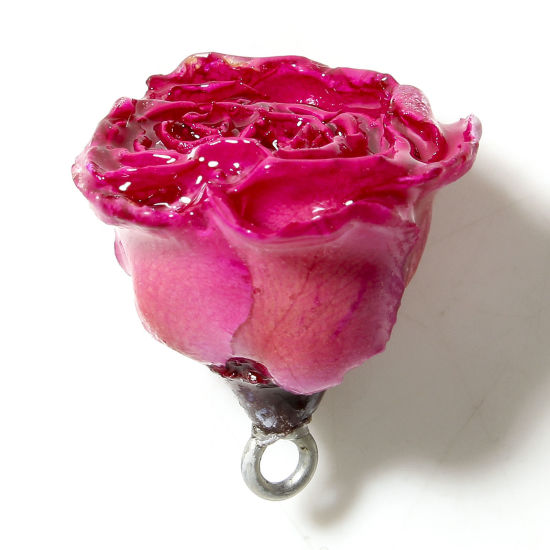 Image de 1 Pièce Breloques Bijoux en Résine Faits à la Main Fleur Séchée Fleur 3D Argent Fuchsia 20mm x 16mm