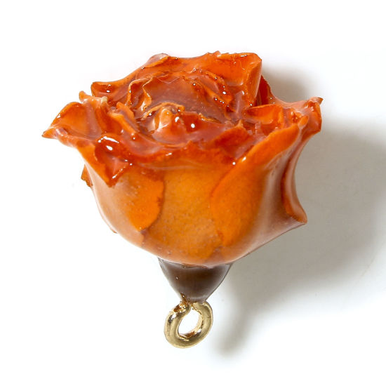 Image de 1 Pièce Breloques Bijoux en Résine Faits à la Main Fleur Séchée Fleur 3D Or Orange 20mm x 16mm