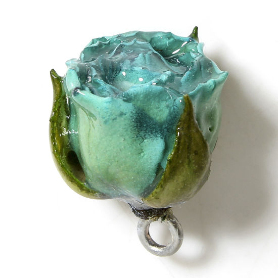 Image de 1 Pièce Breloques Bijoux en Résine Faits à la Main Fleur Séchée Feuilles de Fleur 3D Argent Bleu-Vert 20mm x 16mm