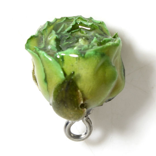 Image de 1 Pièce Breloques Bijoux en Résine Faits à la Main Fleur Séchée Feuilles de Fleur 3D Argent Vert 20mm x 16mm
