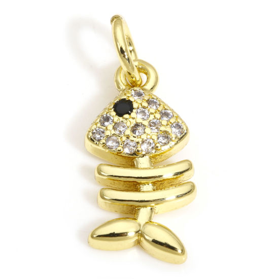 Picture of 2 PCs Brass Ocean Jewelry Charms 18K Gold Plated Fish Bone Clear Cubic Zirconia 18mm x 7mm