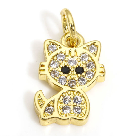 Picture of 2 PCs Brass Charms 18K Gold Plated Cat Animal Clear Cubic Zirconia 17mm x 9mm