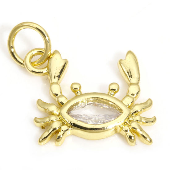 Picture of 2 PCs Brass Ocean Jewelry Charms 18K Gold Plated Crab Animal Clear Cubic Zirconia 15.5mm x 13mm